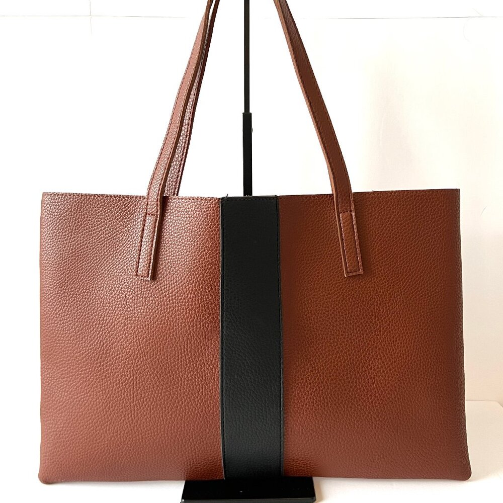 Vince Camuto Bag, Vegan Leather Pebbled Tote, Brown with Black Stripe, EC!
